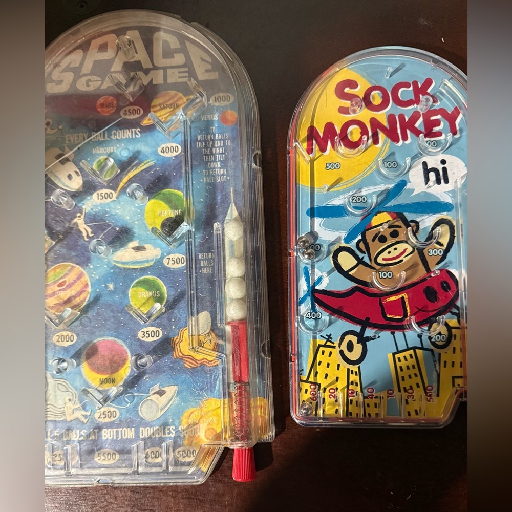 🎯 Vintage Handheld Pinball Game Lot — Space Game & Sock Monkey “Hi”